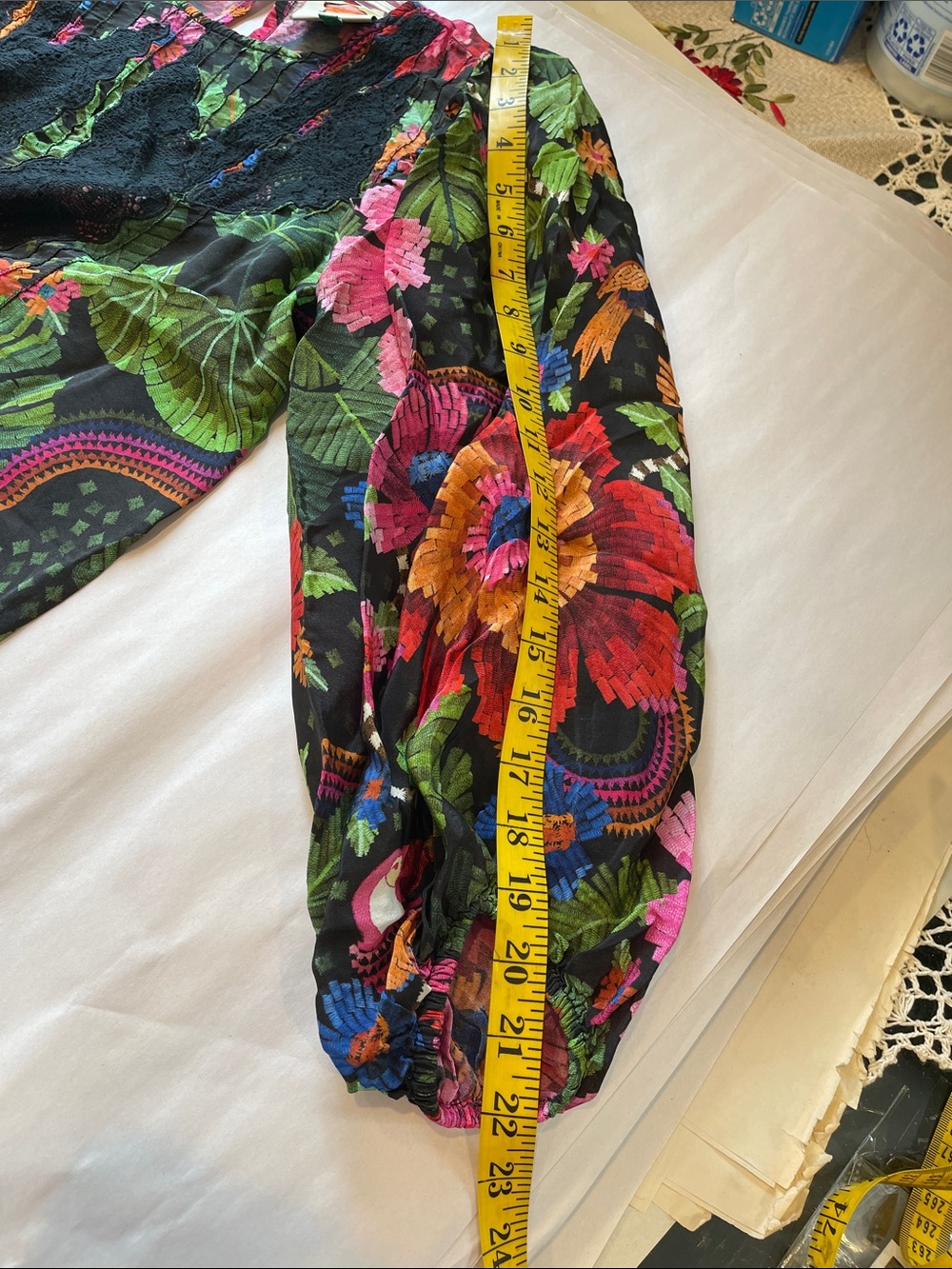 Farm Rio Black Floral Lace-Trim Blouse Pink & Green Accents Viscose Boho size XS - Picture 7 of 10